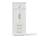 White tall storage cabinet with gold handles showing top cupboard, main wardrobe doors and three drawers on white background