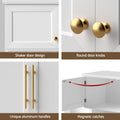 Four-panel hardware detail: shaker door panel, round gold knobs, gold aluminum bar handles, and magnetic catches