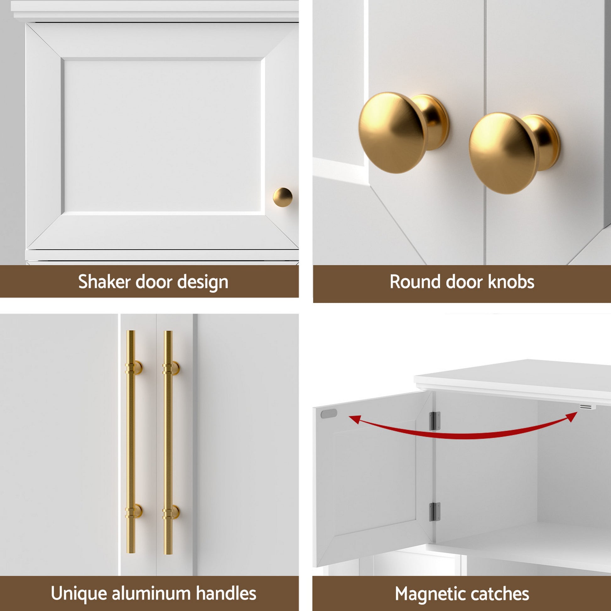 Four-panel hardware detail: shaker door panel, round gold knobs, gold aluminum bar handles, and magnetic catches