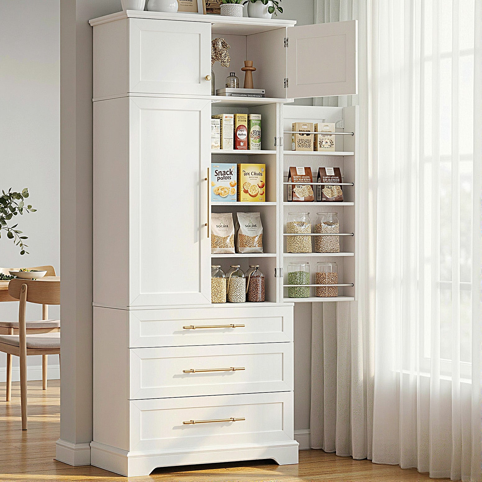 Open white pantry cabinet in dining room with food items on shelves including snack boxes, jars and grain containers