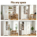 Four lifestyle scenes of white pantry cabinet with text 'Fits any space': kitchen, study, dining room and living room