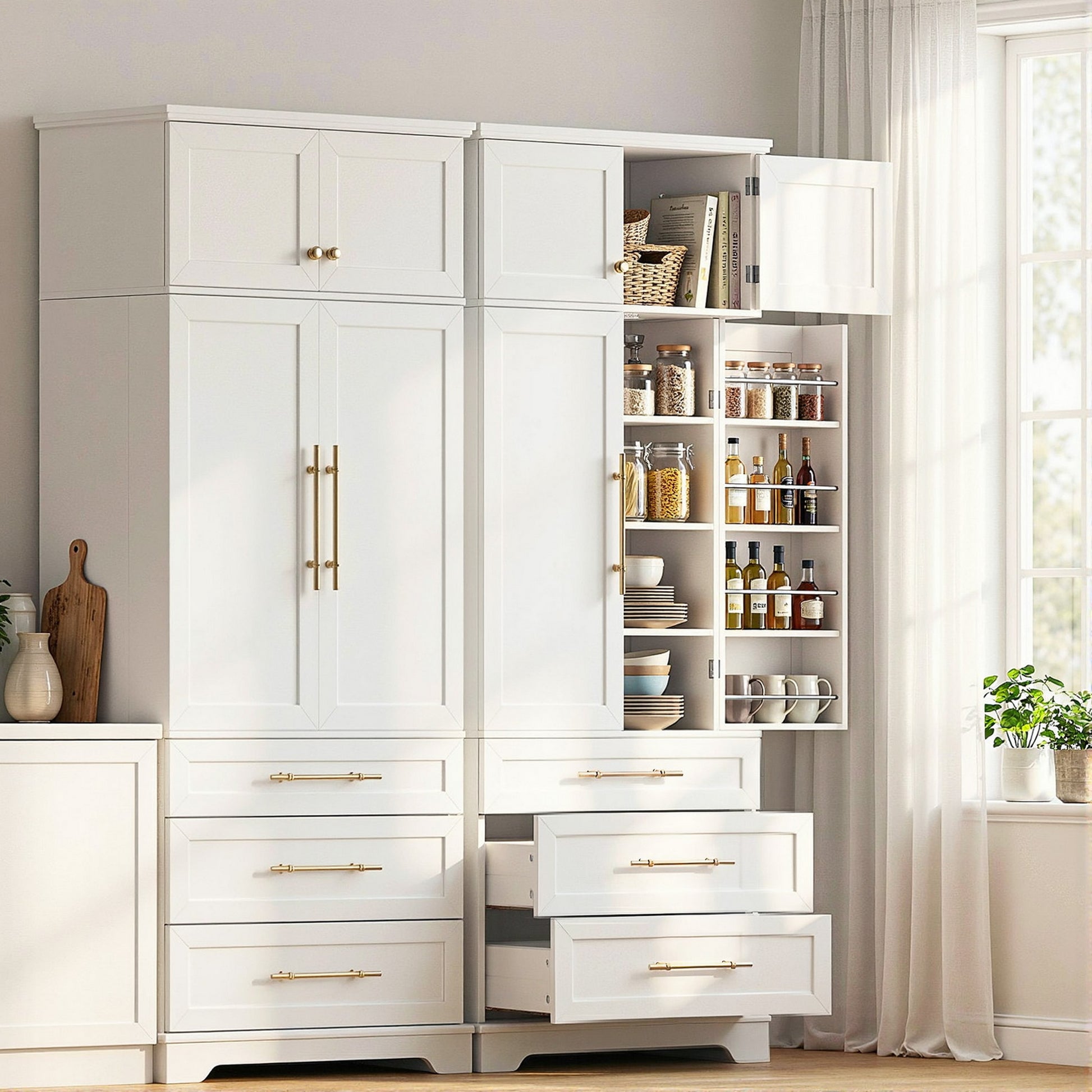 Two white pantry cabinets in kitchen corner with right unit open showing pantry storage and two drawers extended