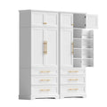 Pair of white tall storage cabinets with gold handles, right unit open showing door shelves and interior, white background