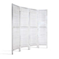 White-washed 4-panel louvered wood room divider curved arc configuration on white background with horizontal slat panels