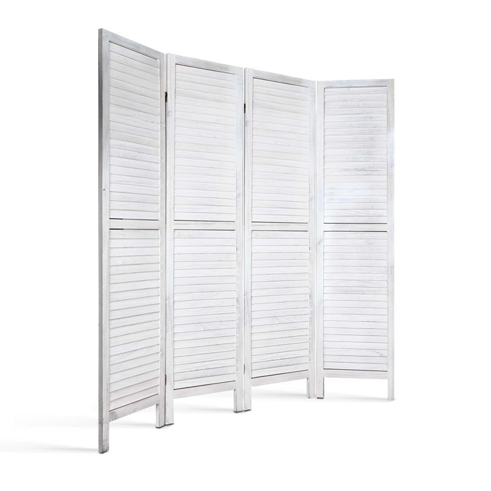 White-washed 4-panel louvered wood room divider curved arc configuration on white background with horizontal slat panels