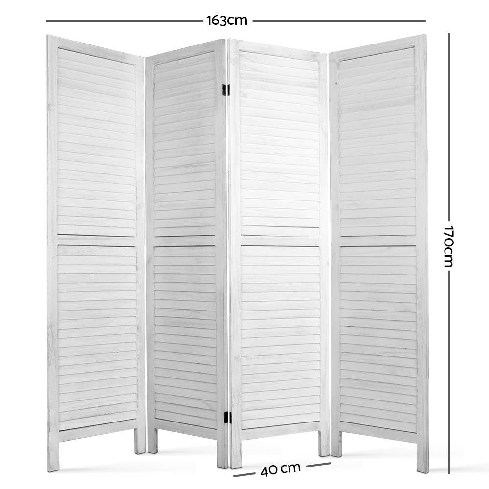 White-washed 4-panel louvered wood room divider dimension diagram 163cm wide 170cm tall 40cm depth on white background