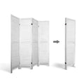 White-washed 4-panel louvered wood room divider open and folded compact storage view on white background with arrow