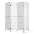 White-washed 4-panel louvered wood room divider flat open front view on white background with horizontal slat panels