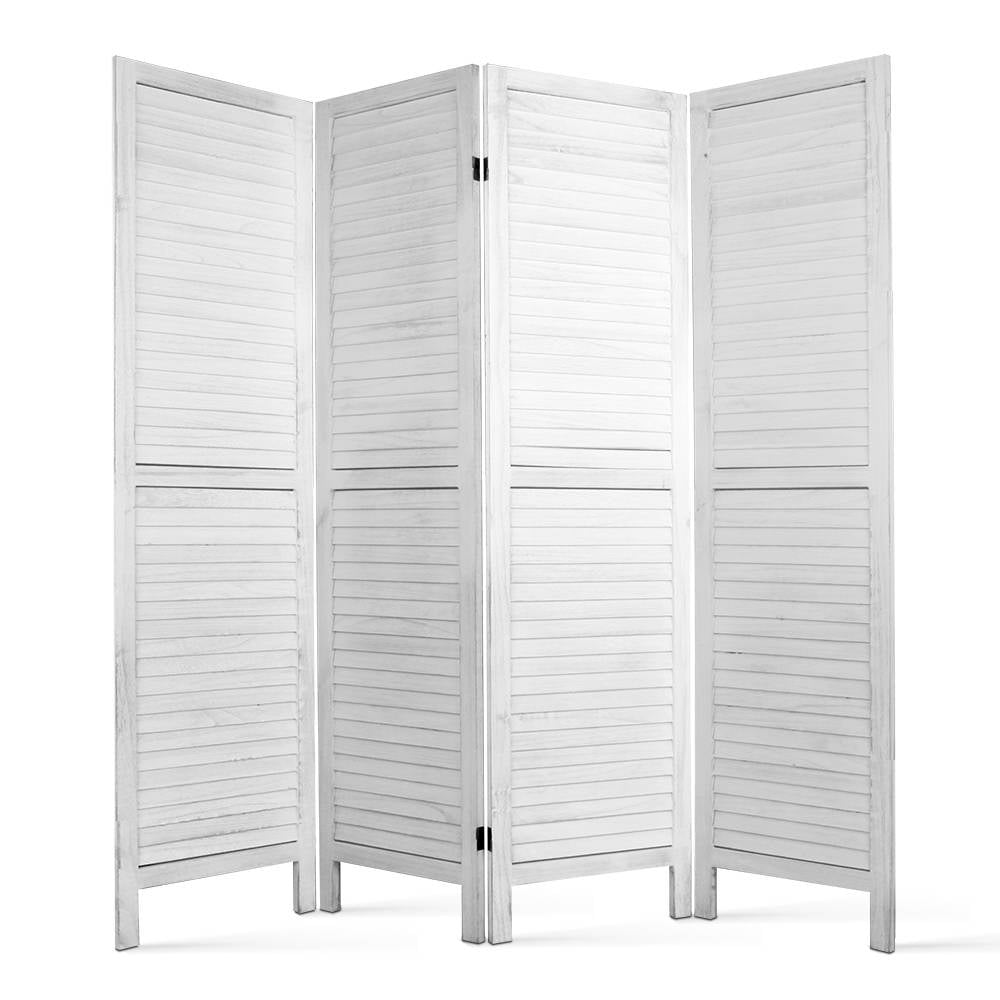 White-washed 4-panel louvered wood room divider flat front view showing weathered wood slat texture on white background