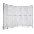 White-washed 6-panel louvered wood room divider curved arc configuration on white background with horizontal slat panels