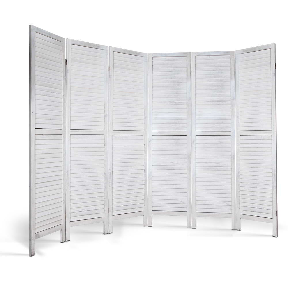 White-washed 6-panel louvered wood room divider curved arc configuration on white background with horizontal slat panels