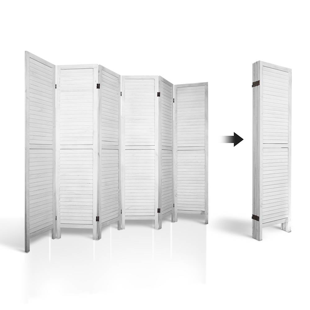 White-washed 6-panel louvered wood room divider open and folded compact storage view on white background