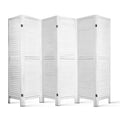 White-washed 6-panel louvered wood room divider flat open front view on white background with horizontal slat panels
