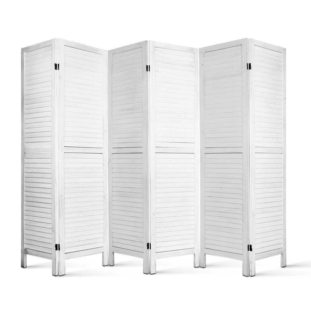 White-washed 6-panel louvered wood room divider flat open front view on white background with horizontal slat panels