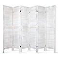 White-washed 6-panel louvered wood room divider open front view on white background with weathered wood slat texture
