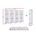 White-washed 8-panel louvered room divider with shelves dimension diagram 326cm wide 170cm tall with foldable compact view