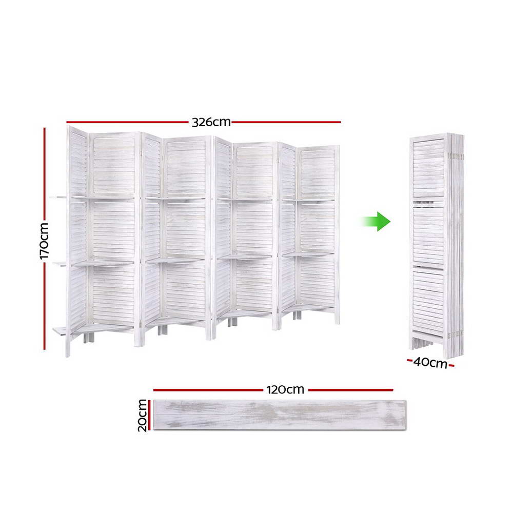 White-washed 8-panel louvered room divider with shelves dimension diagram 326cm wide 170cm tall with foldable compact view