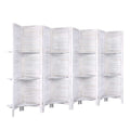 White-washed 8-panel louvered wood room divider with 3-tier shelves flat open front view on white background