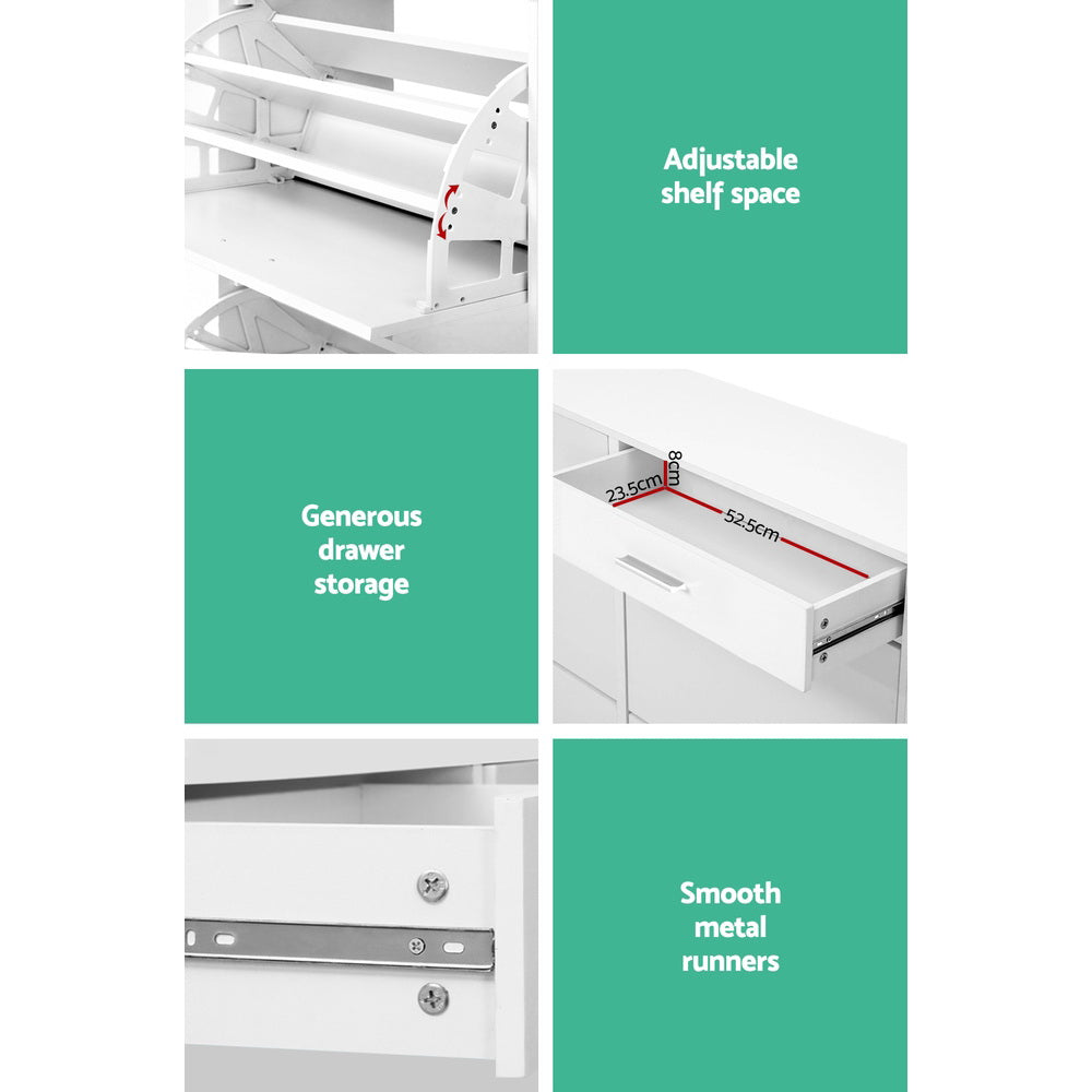 White wide shoe cabinet features adjustable shelf space drawer dimensions 52.5cm x 23.5cm 8cm deep and smooth metal runners