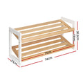 White and wood 2-tier shoe rack dimensions: 74cm wide, 36.3cm tall, 27cm deep, 17cm tier spacing