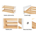 White and wood 2-tier shoe rack feature panel showing quality craftsmanship, smooth edges, and heavy-duty fixings