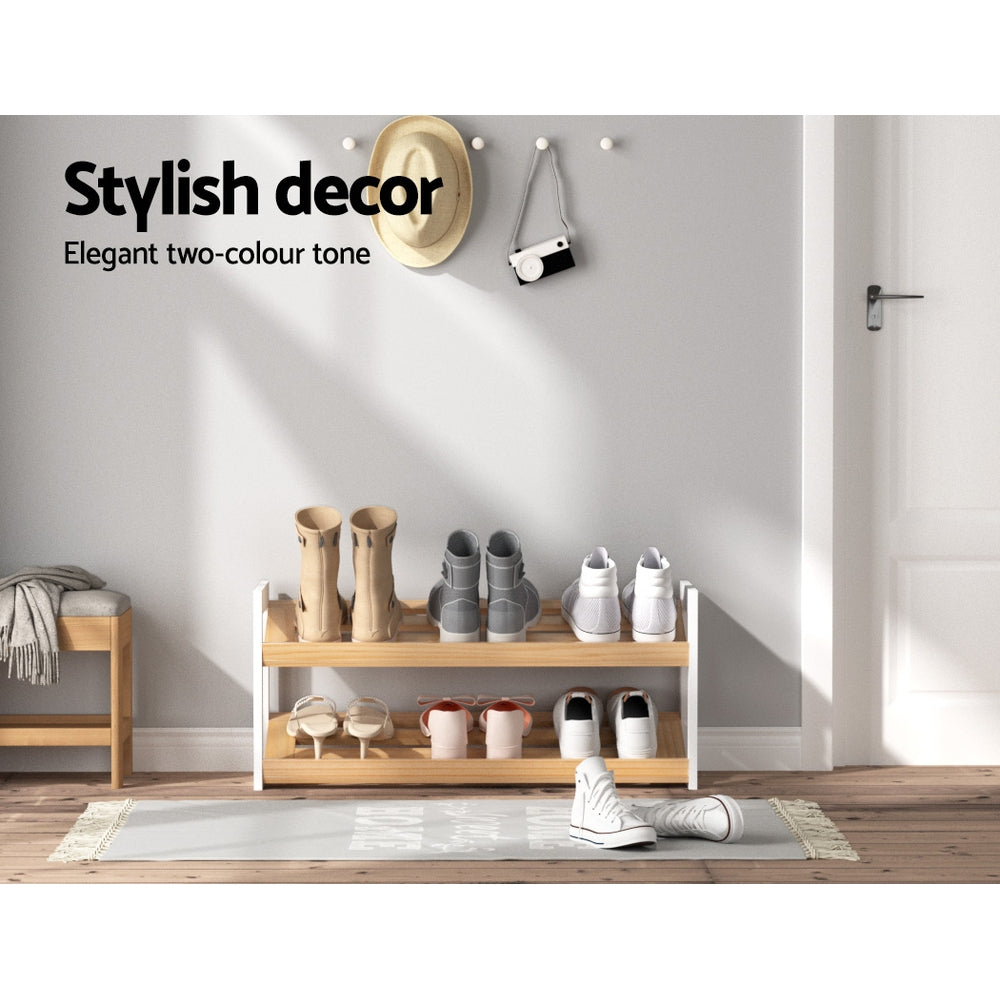 White and wood 2-tier shoe rack feature callouts: quality craftsmanship, smooth edge, reliable joints, heavy-duty fixings
