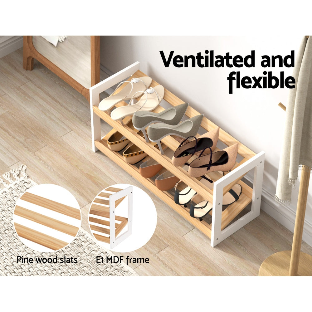 White and wood 2-tier shoe rack from above loaded with heels, ventilated and flexible text, pine wood slats callout