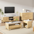 TV unit, coffee table, chest of drawers and side table in matching white marble and oak fluted style, styled in living room