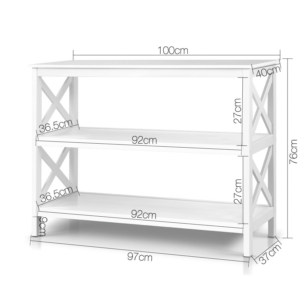 White X-frame console table dimensions: 100×40cm top, 76cm tall, two shelves each 92×36.5cm with 27cm clearance