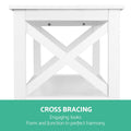 White console table side view showing X-cross brace panel and shelf; text 