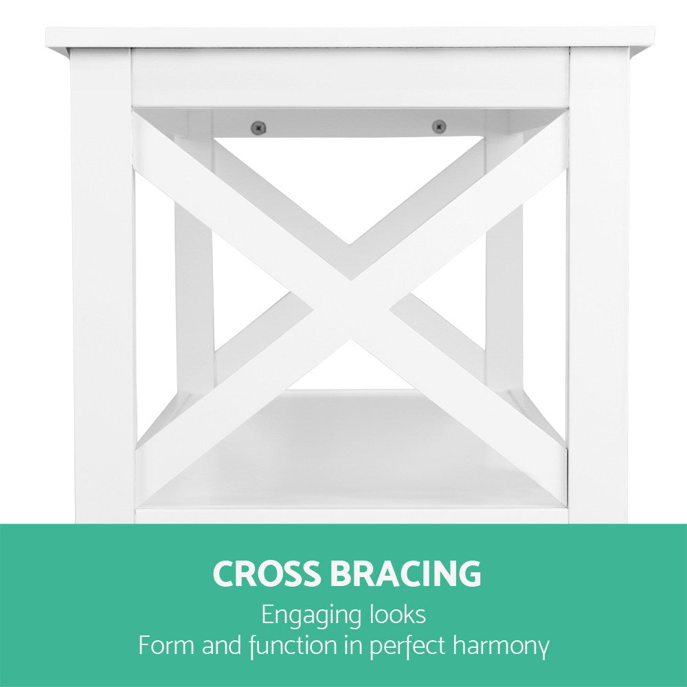 White console table side view showing X-cross brace panel and shelf; text "Cross bracing"
