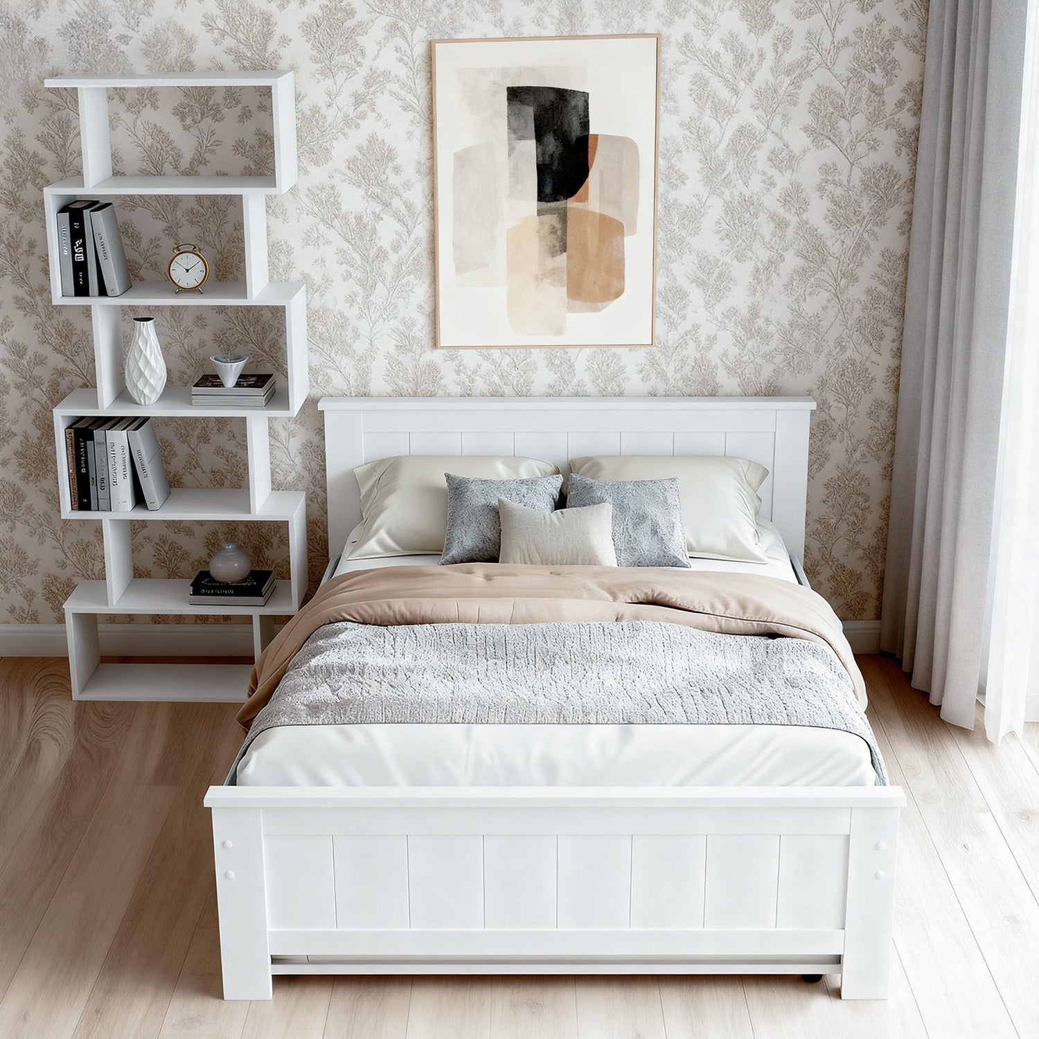 White zigzag bookshelf beside white platform bed in bedroom with floral wallpaper and abstract wall art