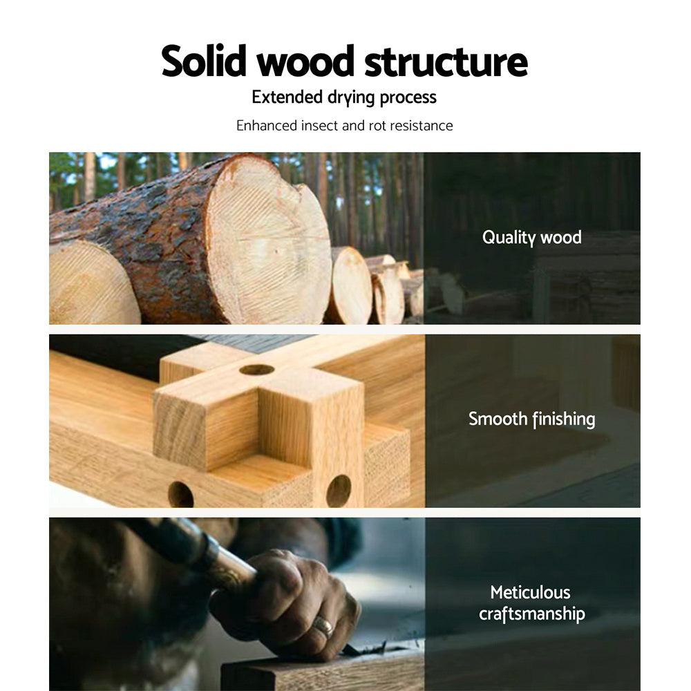 Furniture wood infographic: "Solid wood structure" with quality logs, smooth joinery, and craftsman drilling panels