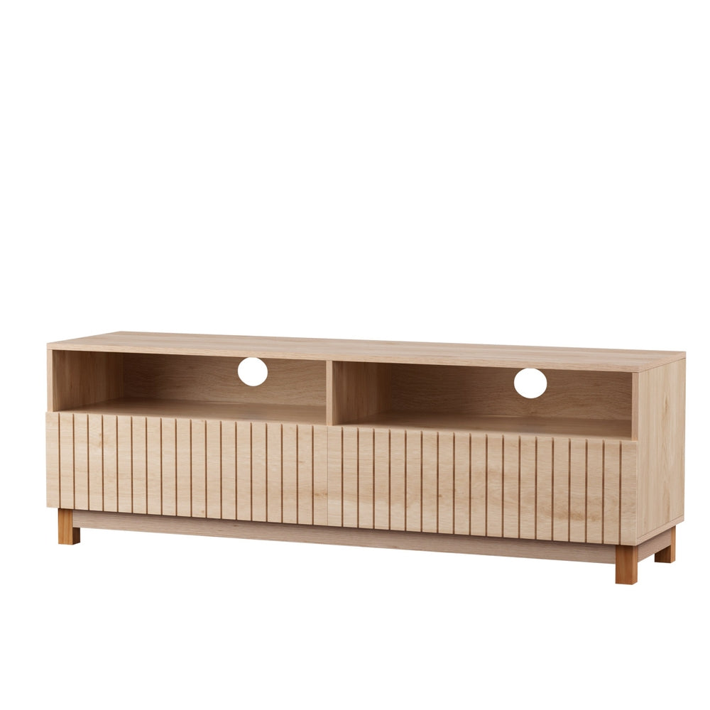 Natural wood TV unit angled view on white background 2 open shelves with cable holes 2 fluted sliding doors