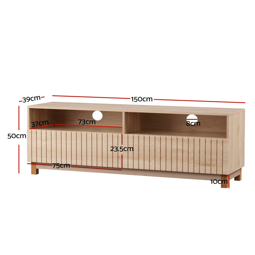 Natural wood TV unit dimensions 150cm wide 39cm deep 50cm tall 73cm shelf width 10cm rubberwood legs