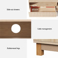 Three-panel feature detail showing slide-out drawer 66cm by 28.5cm round cable hole and rubberwood leg