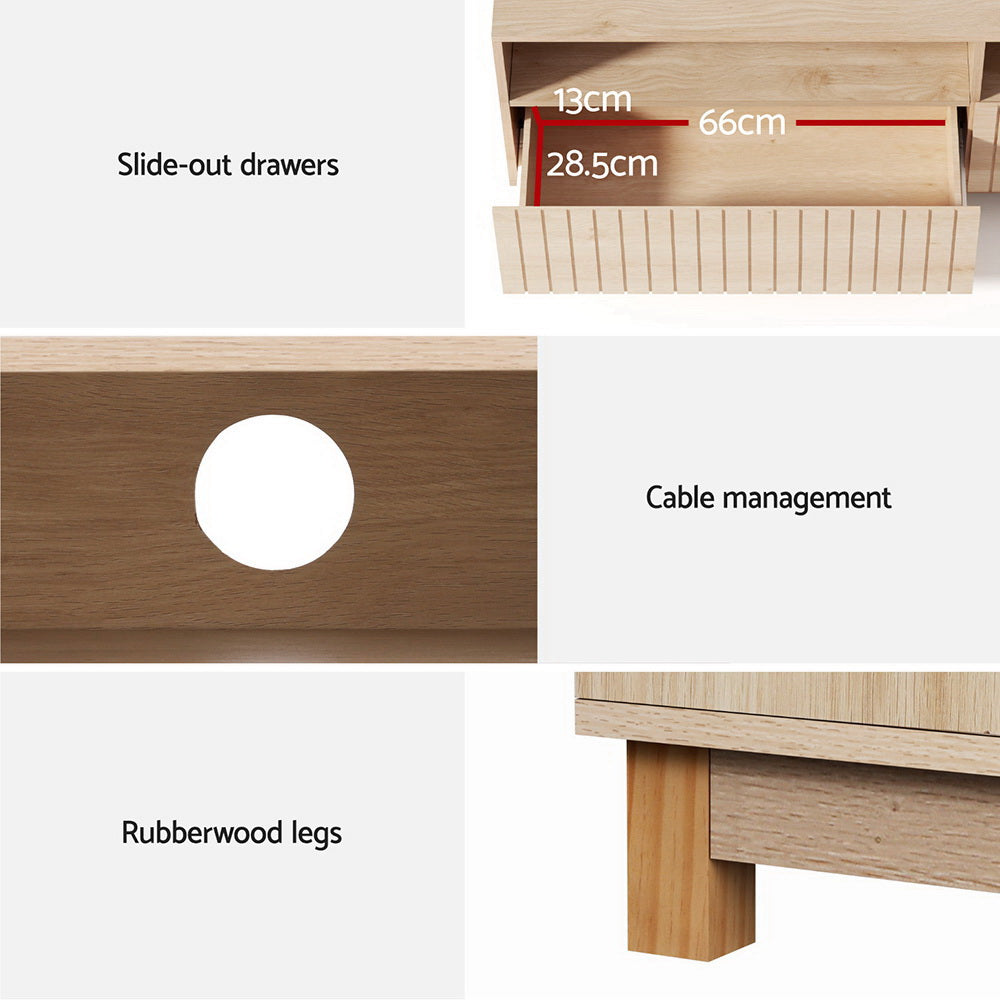 Three-panel feature detail showing slide-out drawer 66cm by 28.5cm round cable hole and rubberwood leg