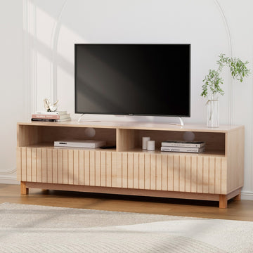 Natural wood 150cm TV unit with TV on top 2 open shelves above 2 fluted sliding doors on wood floor