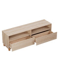Natural wood TV unit angled view with both fluted sliding doors open showing 2 empty interior compartments