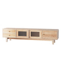 Natural wood TV unit angled view on white background 2 drawers 2 sliding ribbed glass doors 1 side door