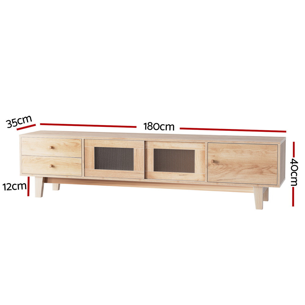 Natural wood TV unit dimensions diagram 180cm wide 35cm deep 40cm tall with 12cm tapered legs