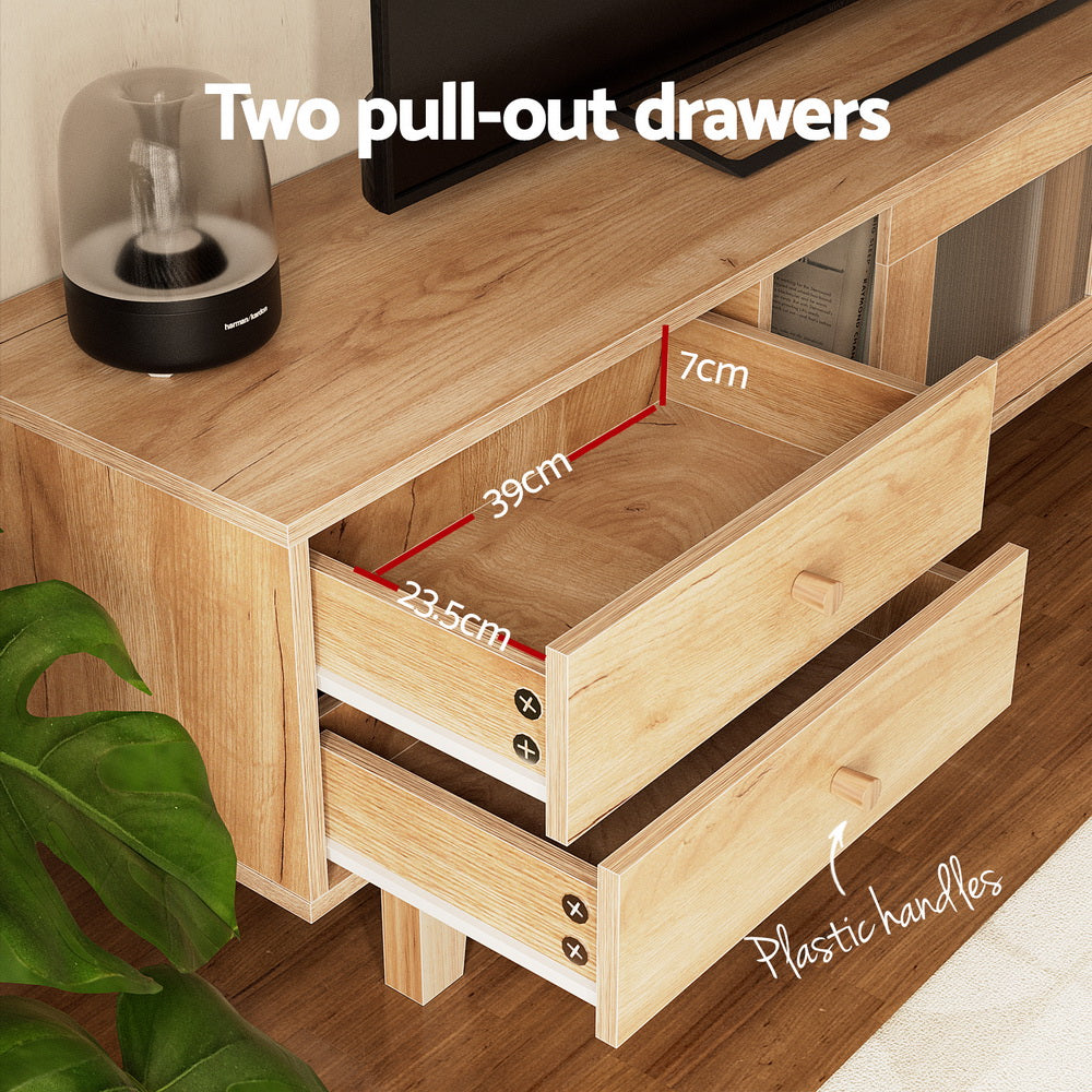 Two pull-out drawers open showing 39cm by 23.5cm by 7cm interior with plastic knob handles