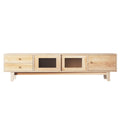 Natural wood TV unit front view on white background 2 drawers sliding glass centre door partially open