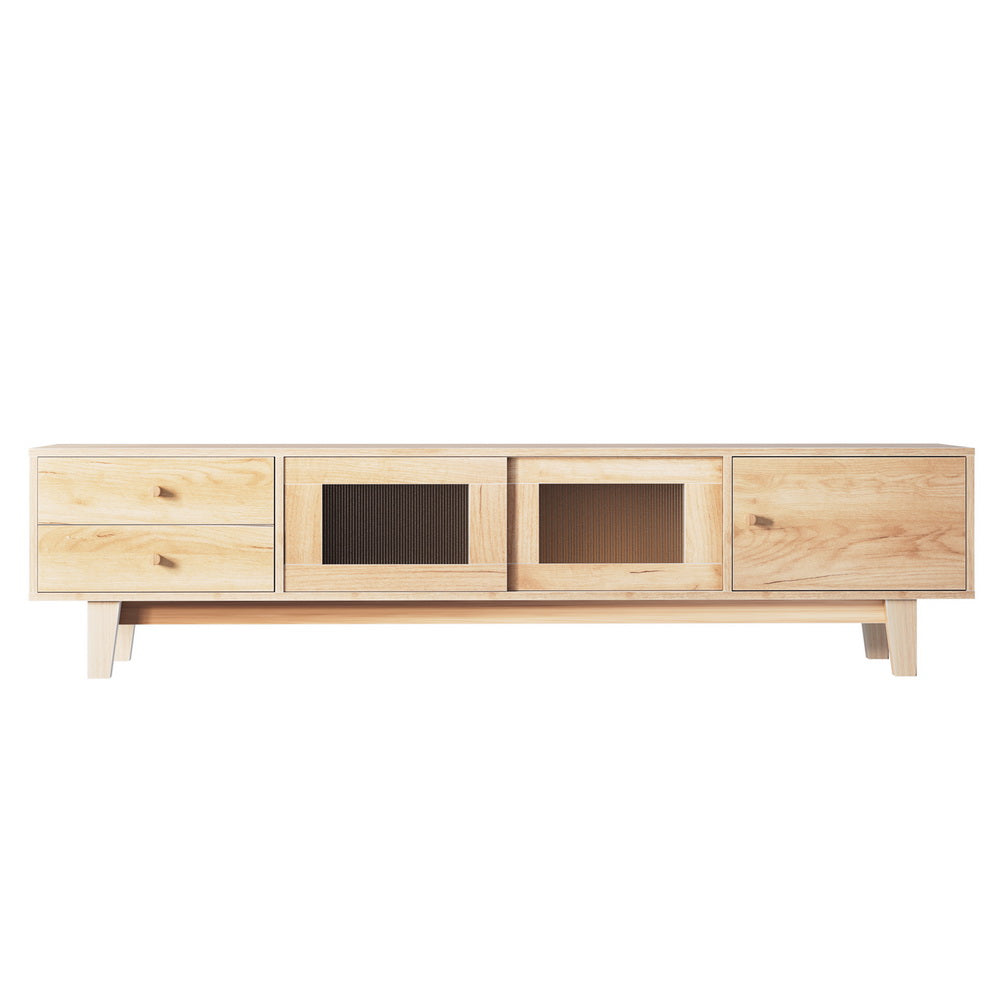 Natural wood TV unit front view on white background 2 drawers sliding glass centre door partially open