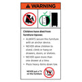 Furniture tipover warning label showing anti-tip anchor diagram and text: Children have died from furniture tipover