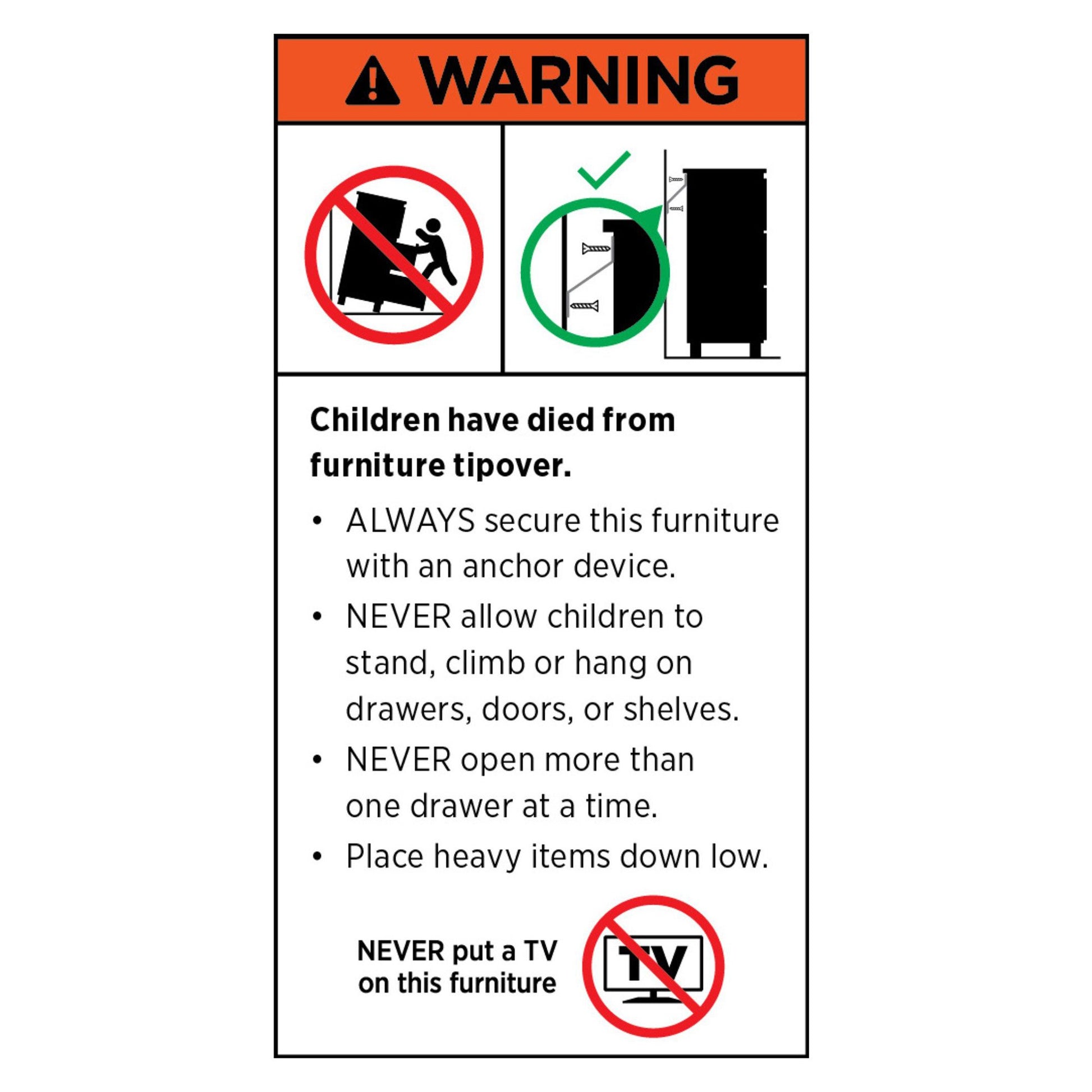 Furniture tipover warning label showing anti-tip anchor diagram and text: Children have died from furniture tipover