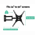 X-pattern TV bracket spec infographic fits 24-50 inch screens VESA 75-400mm 25kg capacity 5mm to 35mm wall distance