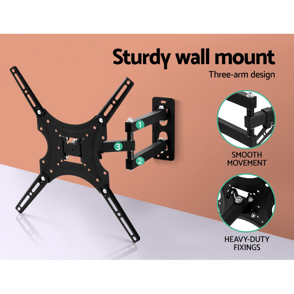 Full-motion X-pattern TV bracket three-arm design on orange wall joints 1-3 smooth movement and heavy-duty fixings