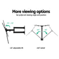 Full-motion X-pattern TV bracket viewing options diagram plus-minus 15 degree adjustable tilt and plus-minus 90 degree swivel