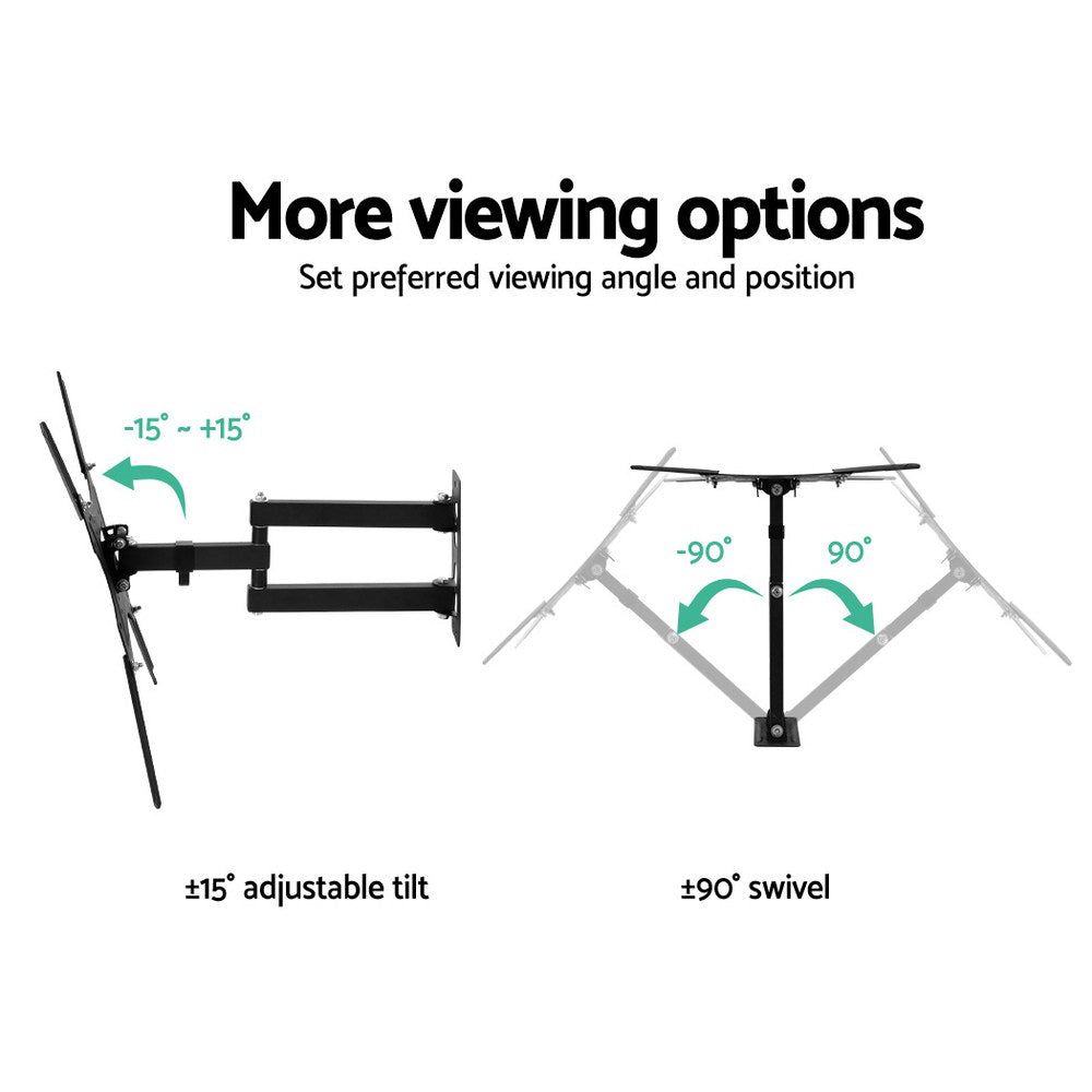 Full-motion X-pattern TV bracket viewing options diagram plus-minus 15 degree adjustable tilt and plus-minus 90 degree swivel